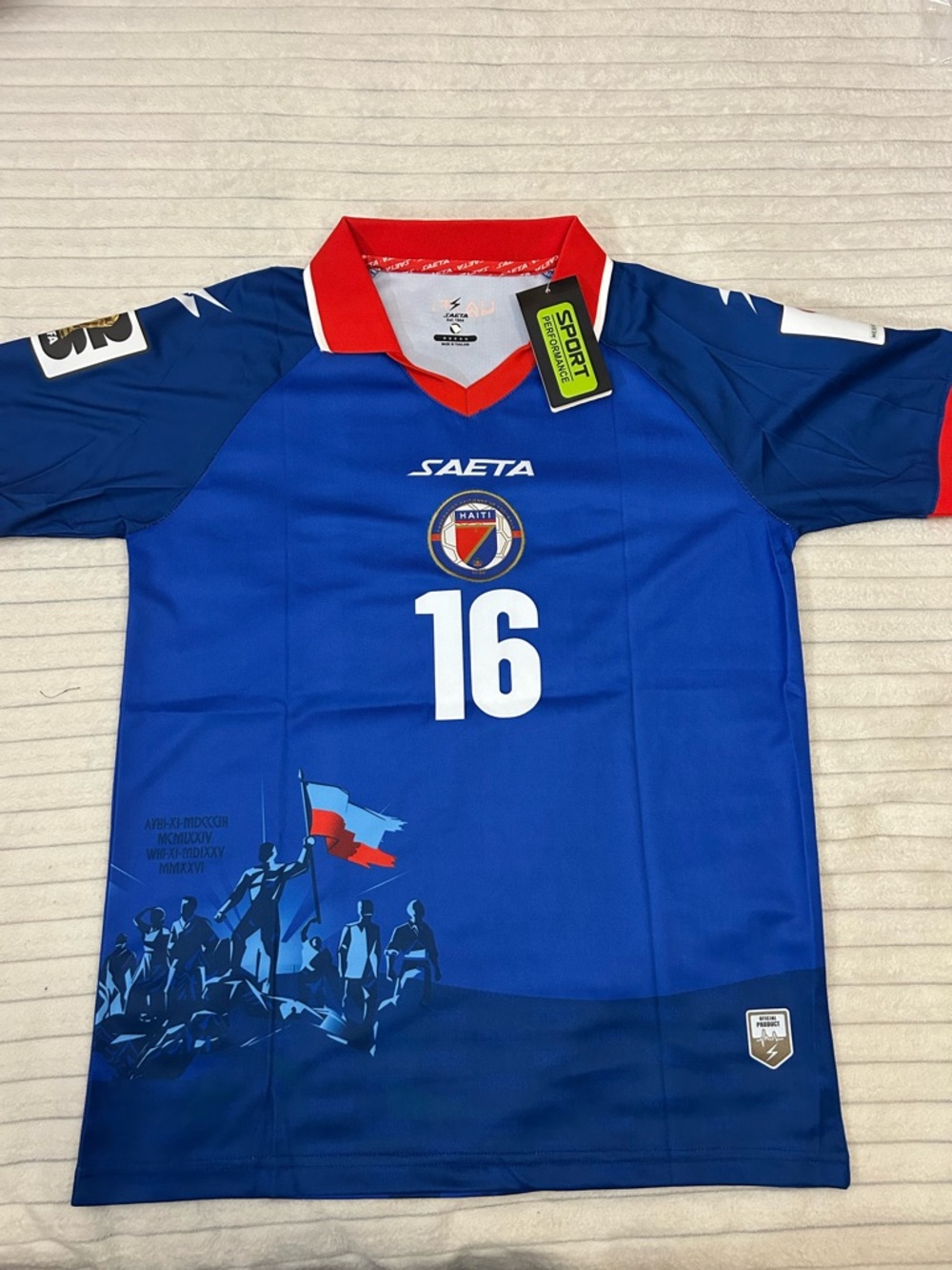 HAITI LENNY.J Men's Blue Soccer Jersey with Red Collar - Number 16
